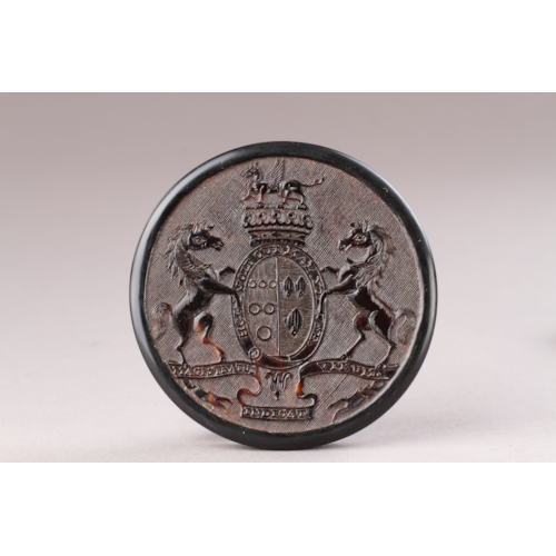 English Pressed Tortoiseshell Snuff Box Decorated with the Armourial of the Earl of Lonsdale